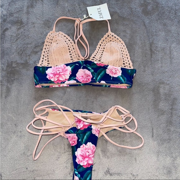 Zaful Other - Zaful grey knitted beige blue pink  floral bikini